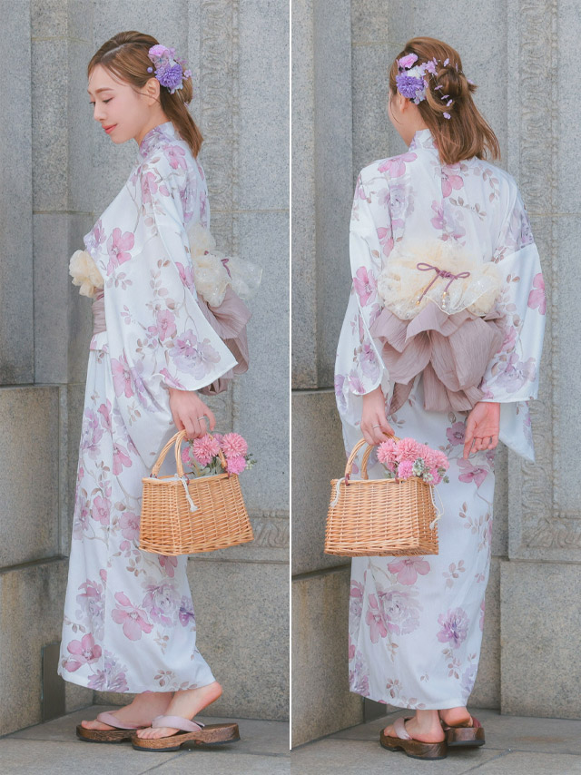 白地にピンク水彩タッチ花柄ガーリー2wayワンピース浴衣3点セットのサイドバック画像