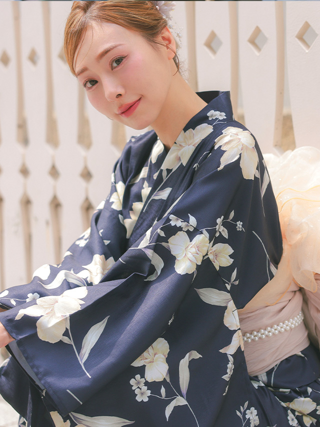 水色地に青色花柄ストライプ模様2wayワンピース浴衣3点セットのイメージ画像4