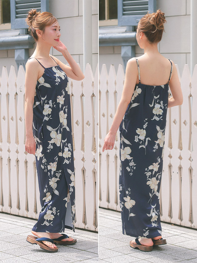 水色地に青色花柄ストライプ模様2wayワンピース浴衣3点セットのサイドバック画像