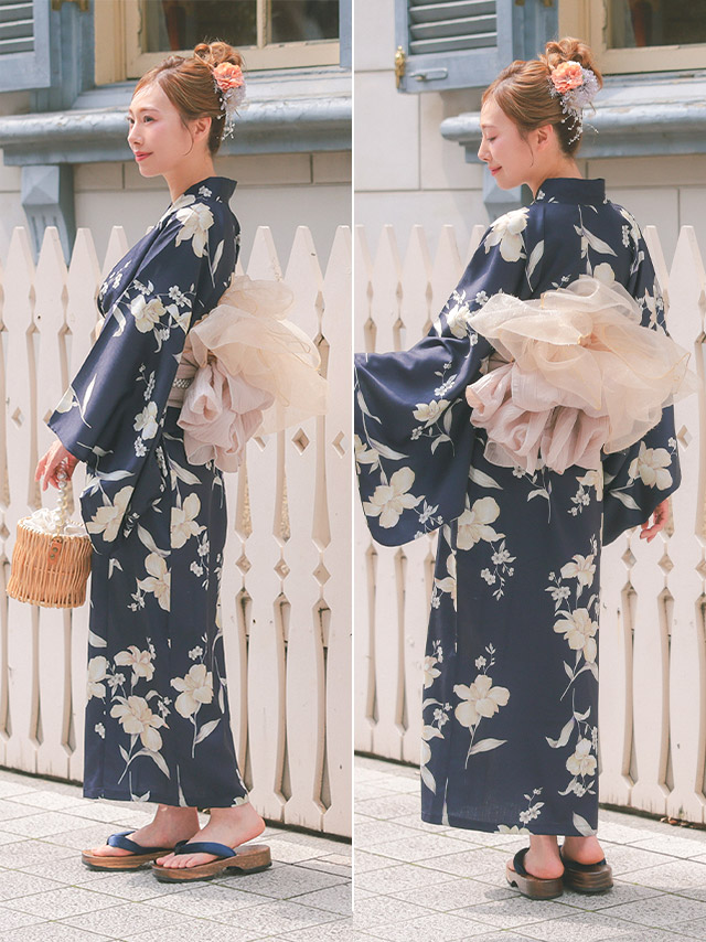 水色地に青色花柄ストライプ模様2wayワンピース浴衣3点セットのサイドバック画像