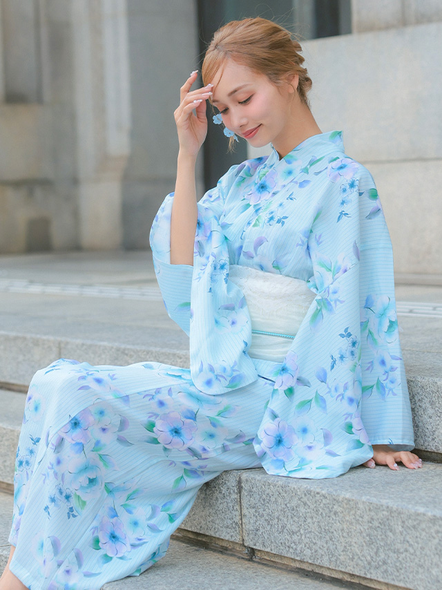 水色地に青色花柄ストライプ模様2wayワンピース浴衣3点セットのイメージ画像4