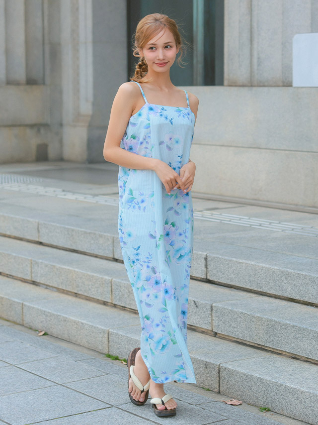 水色地に青色花柄ストライプ模様2wayワンピース浴衣3点セットのサイドバック画像