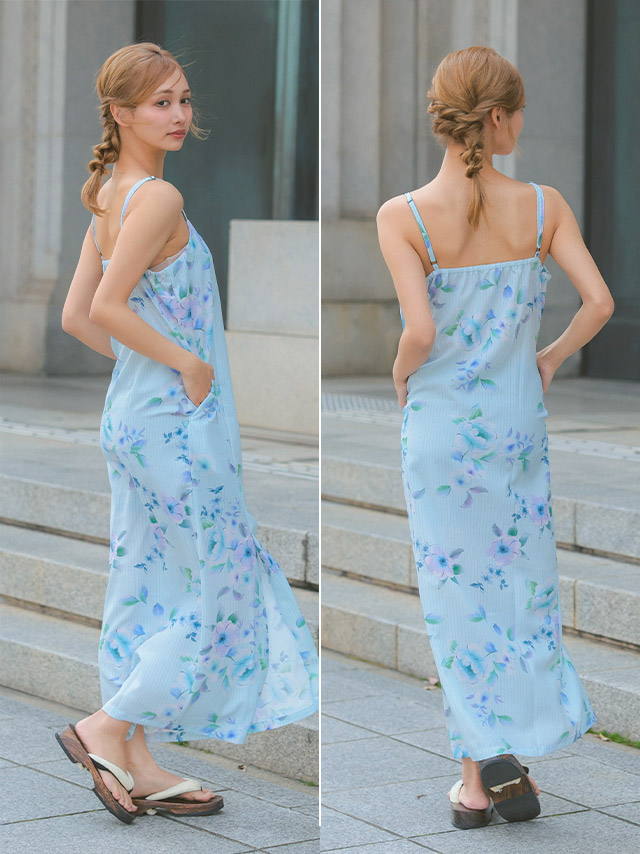 水色地に青色花柄ストライプ模様2wayワンピース浴衣3点セットのサイドバック画像