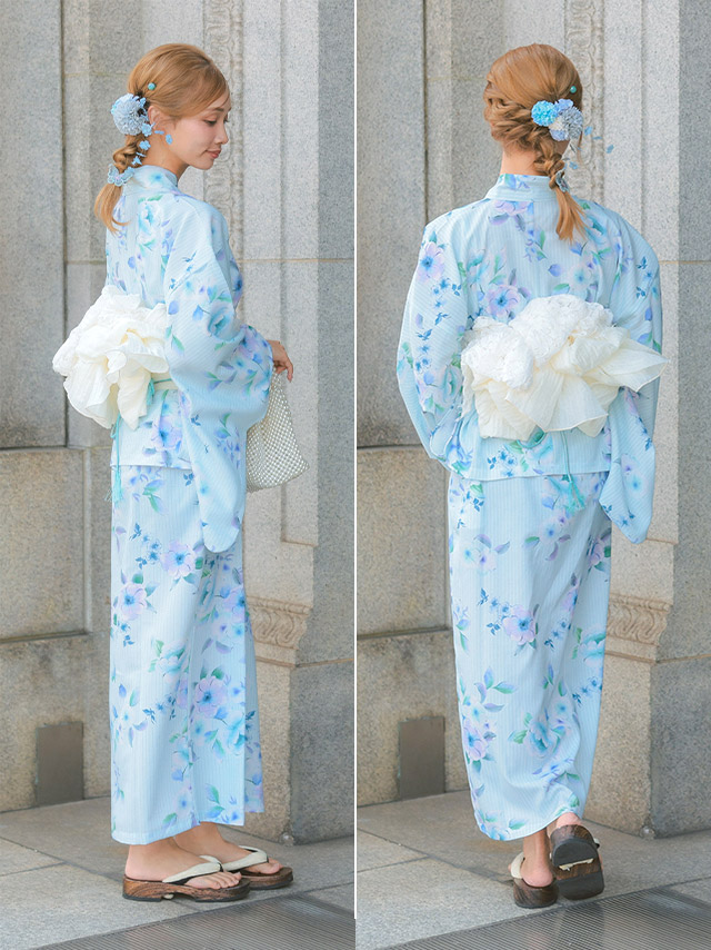 水色地に青色花柄ストライプ模様2wayワンピース浴衣3点セットのサイドバック画像