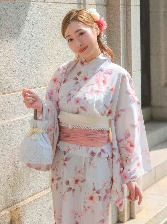ガーリーくすみピンク水彩花柄2wayワンピース浴衣3点セットのイメージ画像3