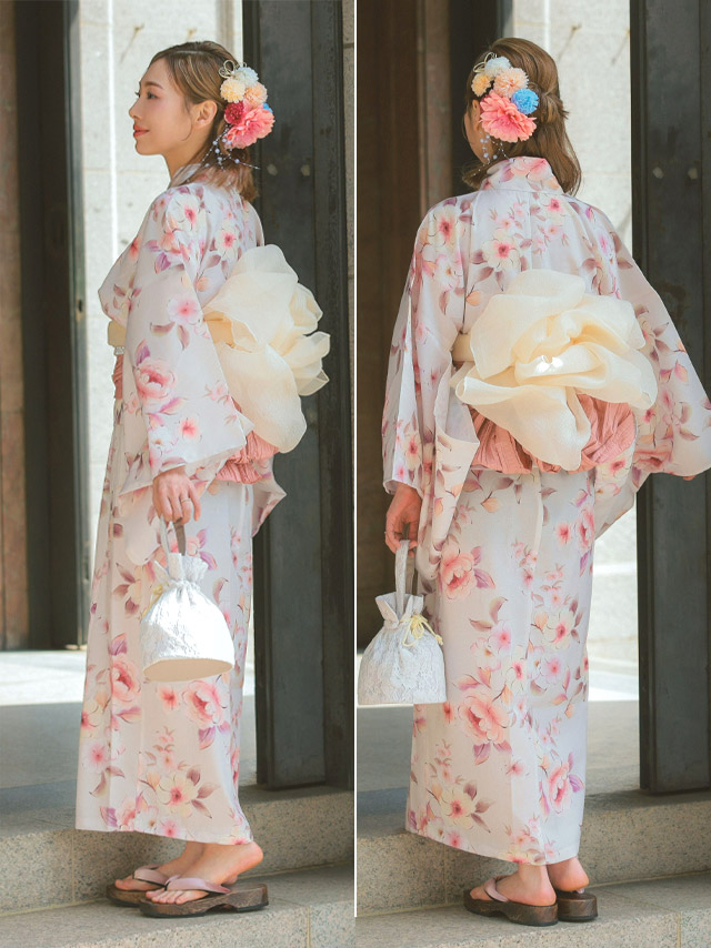 ガーリーくすみピンク水彩花柄2wayワンピース浴衣3点セットのサイドバック画像