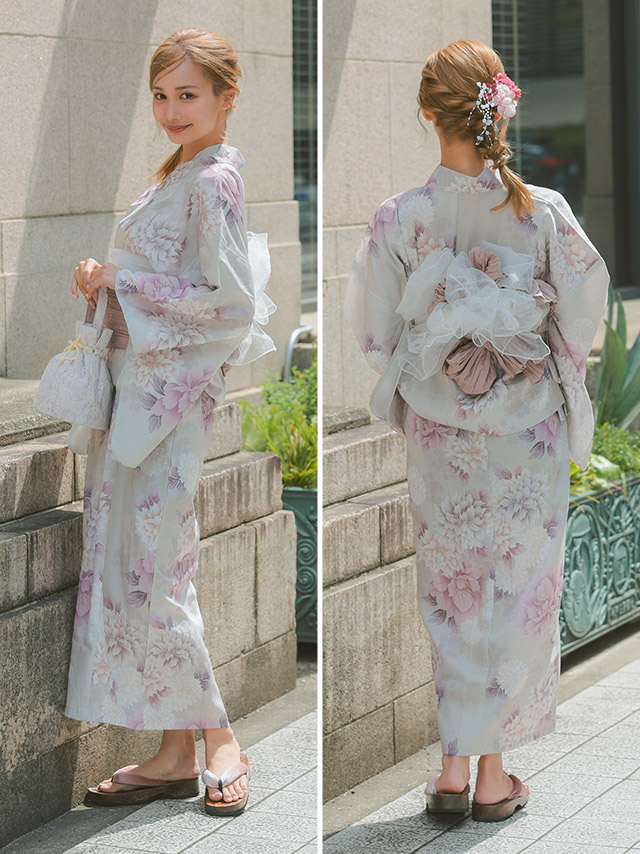 ベージュ生地に菊と牡丹柄くすみピンクガーリー2wayワンピース浴衣3点セットのサイドバック画像
