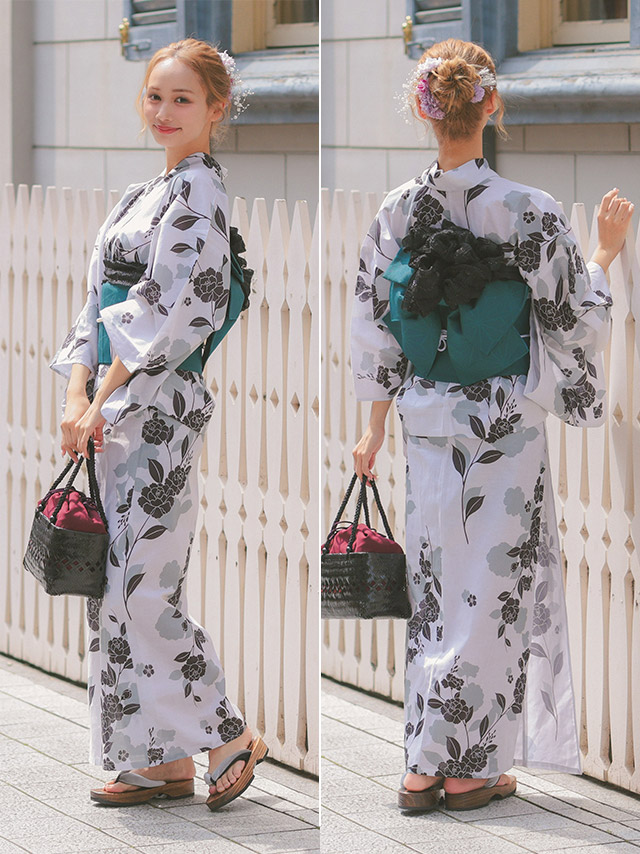白地に水彩ブルー花柄フェミニン2wayワンピース浴衣3点セットのサイドバック画像