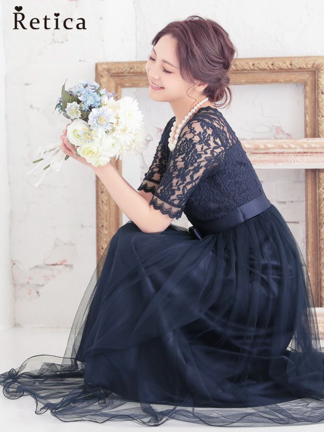 パーティードレス 結婚式 フォーマル レース切替シフォンチュールスカート五部袖ロングワンピースドレス