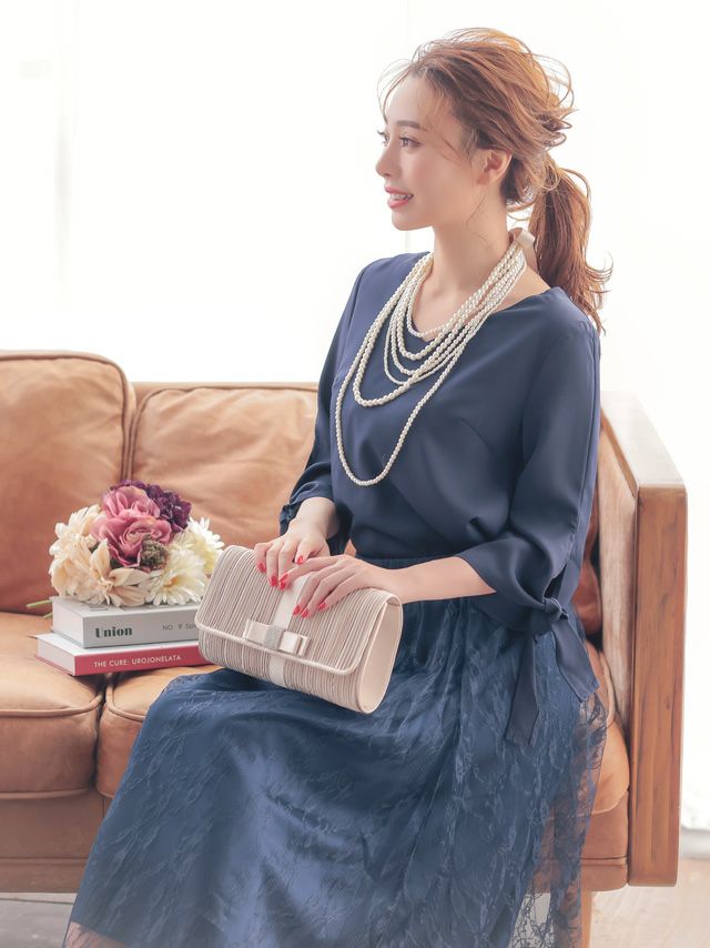 青いリボン付きパーティードレス 38サイズ パーティードレス 結婚式/シフォンドレス/ドレス/春夏/お呼ばれ