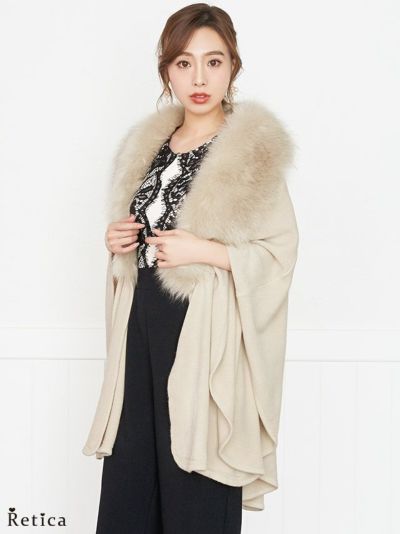 ファー付き大判ストール(ベージュ)(フリーサイズ)