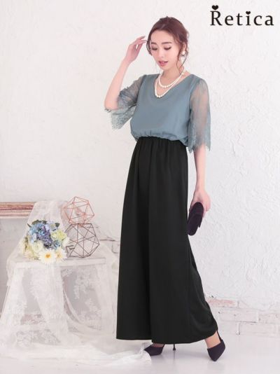 [SALE] レース袖バイカラーウエスト切替パンツプチプラパーティードレス (Sサイズ～4Lサイズ)