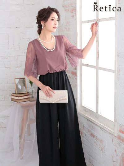 [SALE] パンツデザインバイカラーレース袖プチプラパーティードレス (Sサイズ～4Lサイズ)