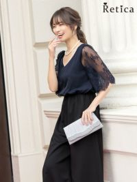 パーティードレス バイカラーレース袖パンツドレス ネイビー