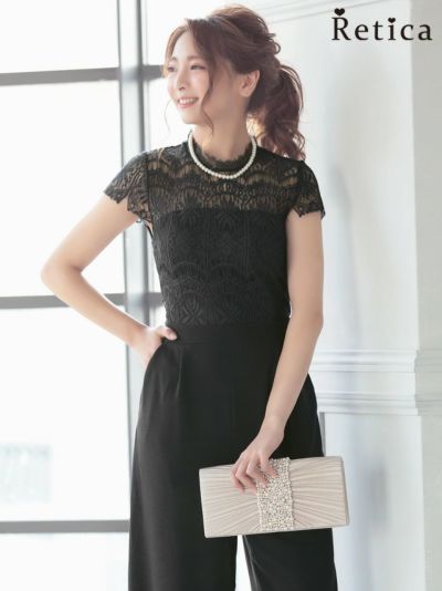 [SALE] 刺繍レース切り替え半袖パンツパーティードレス (Mサイズ)