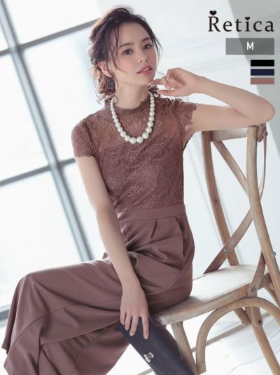 [SALE] 刺繍レース切り替え半袖パンツパーティードレス (Mサイズ)