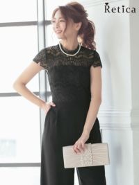パーティードレス パンツ 刺繍レース切り替え半袖パンツドレス