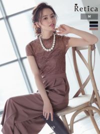 パーティードレス パンツ 刺繍レース切り替え半袖パンツドレス