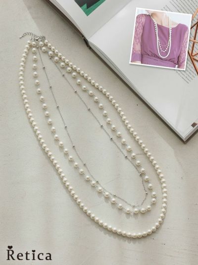 三連デザインパールロングネックレス (ホワイト)