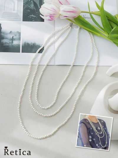 ３連パールロングネックレス (ホワイト)