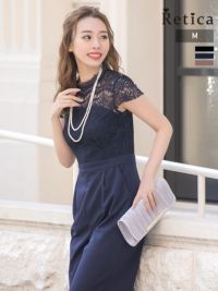 パーティードレス パンツ ハイネックレース切替フレンチスリーブパンツドレス