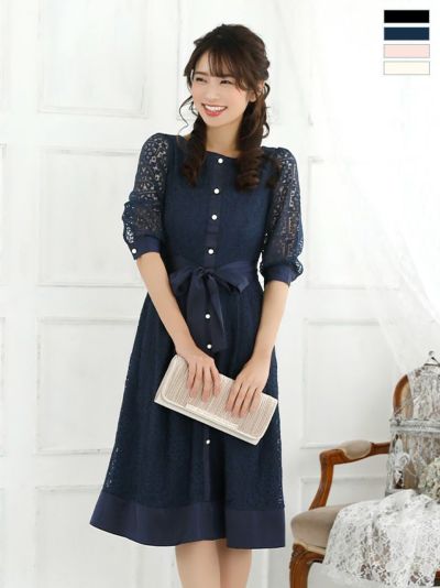 [SALE] 花柄刺繍レースウエストリボン膝丈スカートパーティードレス (Sサイズ～XXLサイズ)