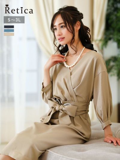 [SALE] カシュクールドレスワンピースリボンベルト付きパーティードレス (Sサイズ～XXLサイズ)