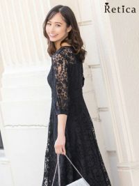 パーティードレス 結婚式 総レース袖あり膝丈フレアワンピースドレス