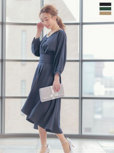 [SALE] ウエストリボンベルト付きフィッシュテールワンピースパーティードレス (Sサイズ～XXLサイズ)