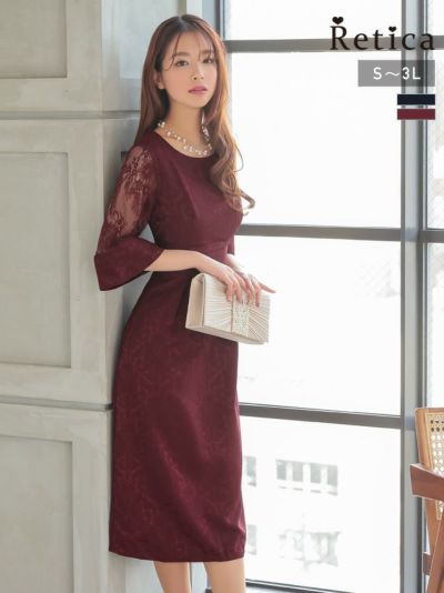 [SALE] 総柄袖レース切り替えワンピースパーティードレス (Sサイズ～XXLサイズ)