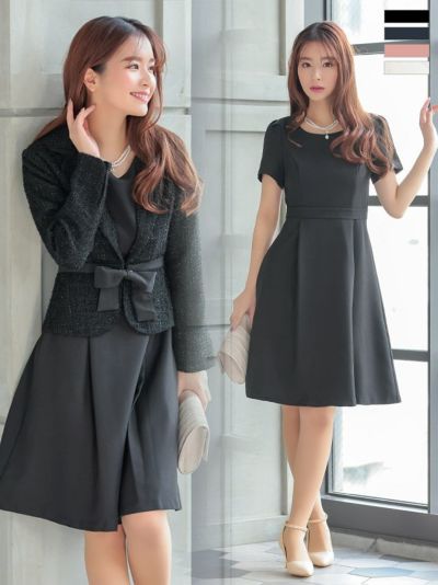 [SALE] タックワンピースリボンツイードジャケットセットセレモニースーツ (Sサイズ～XXLサイズ)