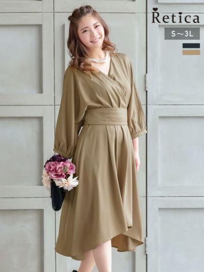 [SALE] 前ミニデザインVネック長袖ウエストリボンパーティードレス (Sサイズ～XXLサイズ)