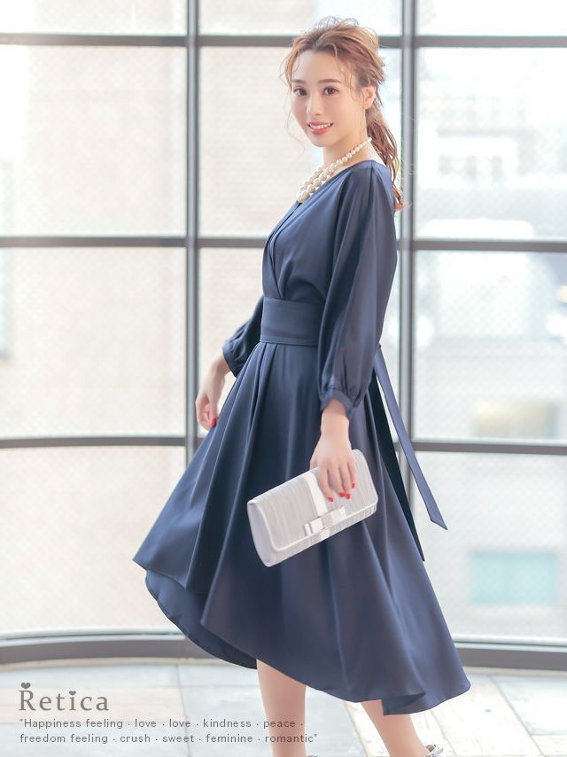 SALE] 前ミニデザインVネック長袖ウエストリボンパーティー