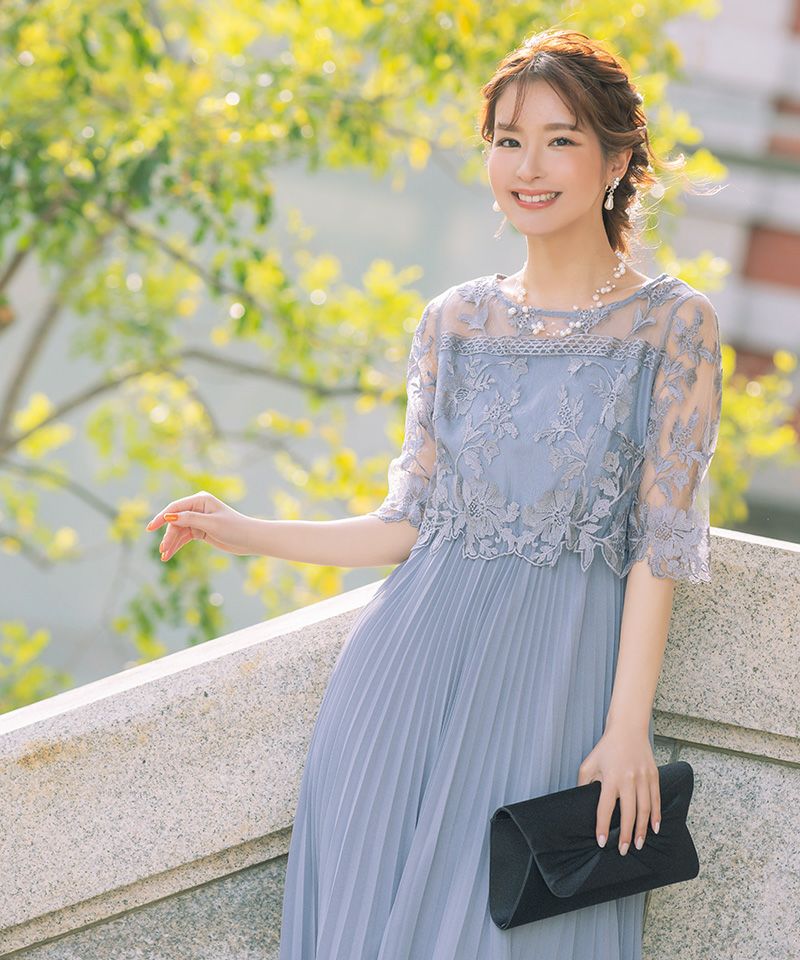 SALE] 刺繍×シースルー袖ありロングプリーツスカートパーティードレス