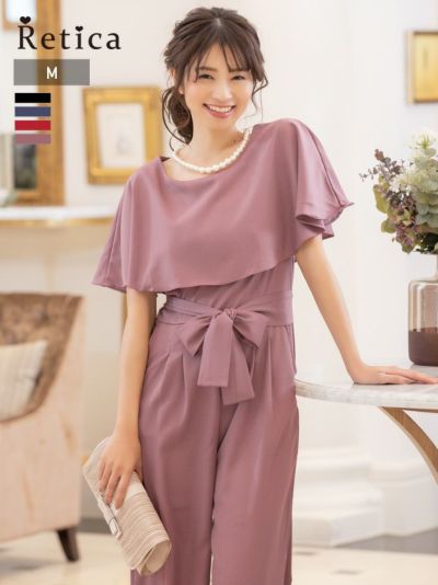 [SALE] ケープカラーウエストリボンワイドパンツプチプラパーティードレス (Mサイズ)