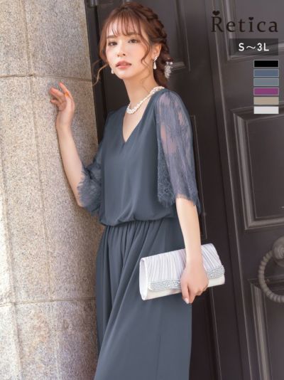 [SALE] ウエストゴムレース袖ありワイドプチプラパーティードレス (Sサイズ～3Lサイズ)