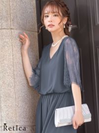 パーティードレス パンツ ウエストゴムレース袖ありワイドプチプラパンツドレス