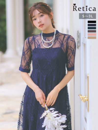 [SALE] 半袖レース切り替えデコルテシースルーワンピースパーティードレス [パールネックレス付き] (Sサイズ～XXLサイズ)