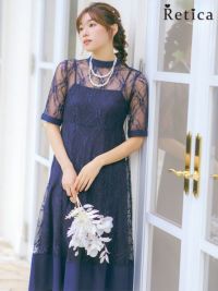 パーティードレス 結婚式 半袖レース切り替えデコルテシースルーワンピースドレス