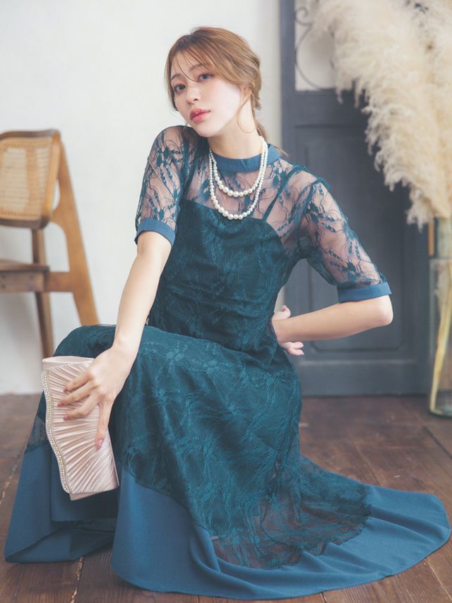 Leja/長袖パールネックボレロ格子レースワンピースドレス　Mサイズ　GRAY Leja（レジャ）の「【LEJA】パールネックパフスリーブボレロ格子