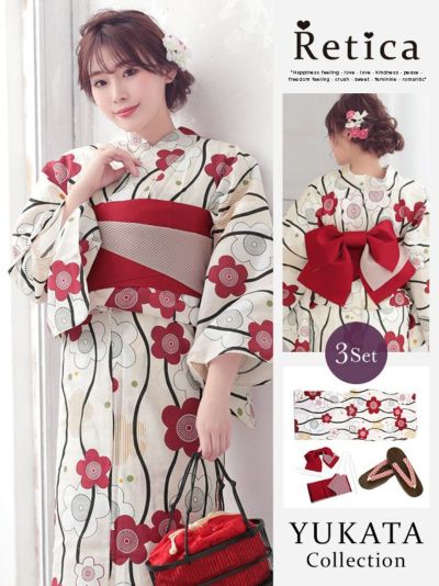 [SALE] 白地×椿柄 浴衣3点セット(浴衣＋平帯or作り帯＋下駄)