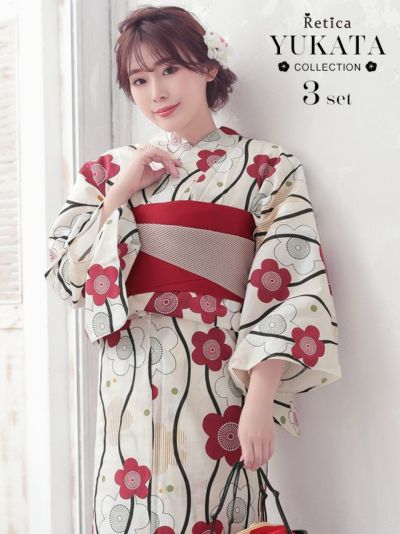 [SALE] 白地×椿柄 浴衣3点セット(浴衣＋平帯or作り帯＋下駄)