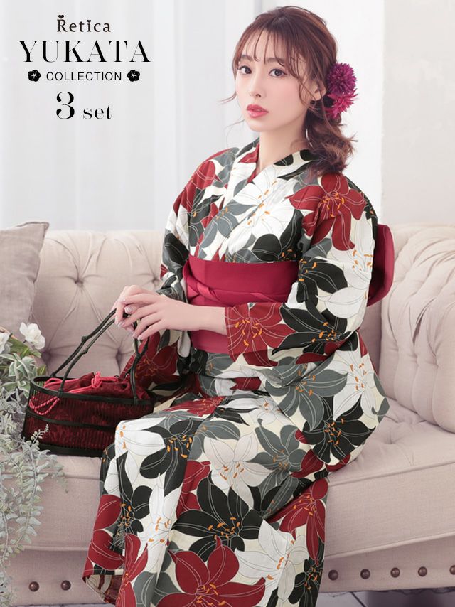 浴衣 レディース セット 大人 華やか百合柄 浴衣3点セット