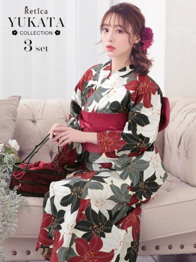 [SALE] 華やか百合柄 浴衣3点セット(浴衣＋平帯or作り帯＋下駄)