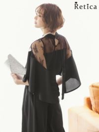 パンツドレス お呼ばれ ハイネック透けレースデザインセットアップパーティードレス