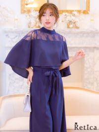 パンツドレス お呼ばれ ハイネックレースケープデザインウエストリボンワイドパンツパーティードレス