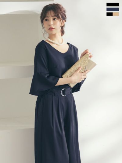[SALE] ワイドVネックベルスリーブパンツセットアップパーティードレス (Sサイズ～XXLサイズ)
