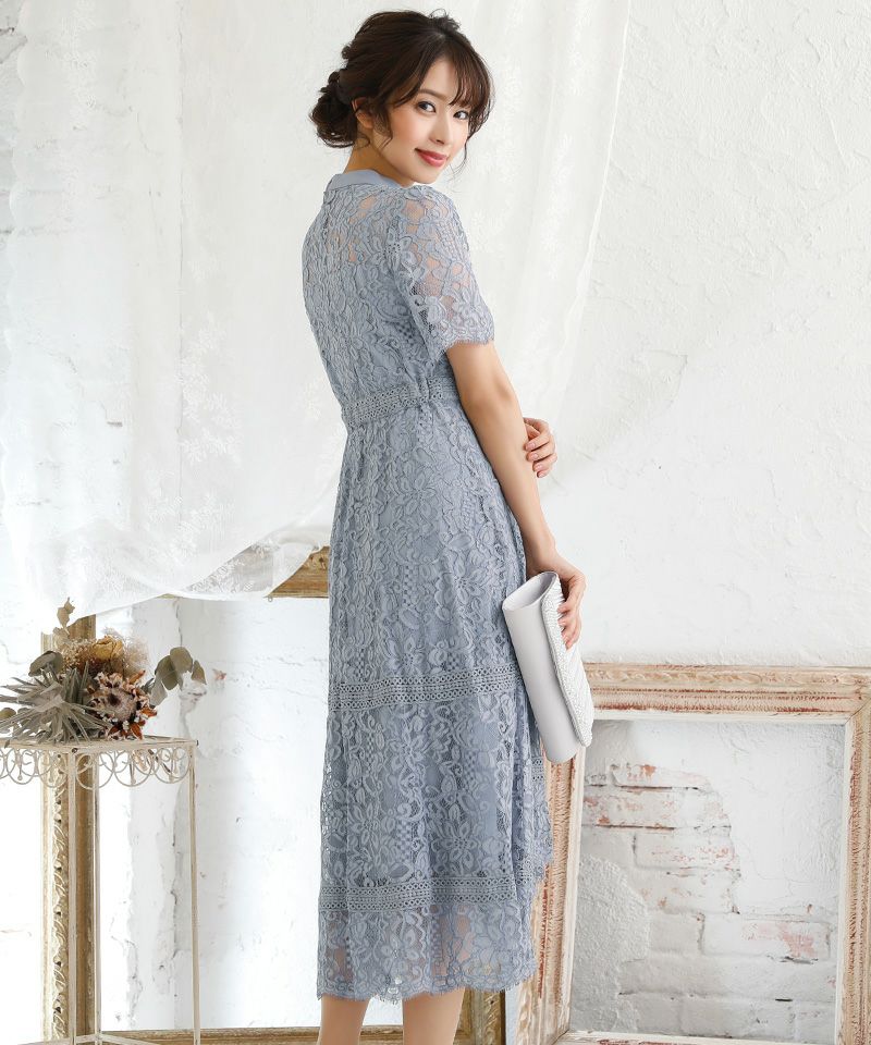 ハイネックレースミモレ丈5分袖パーティードレス (Mサイズ) [DorryDoll