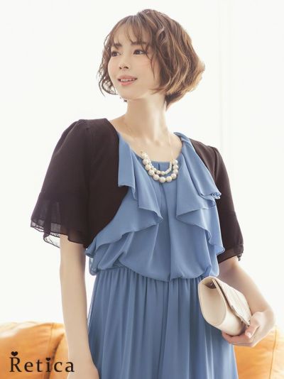パフスリーブシフォン切替デザイン半袖ショート丈ボレロ (Mサイズ)