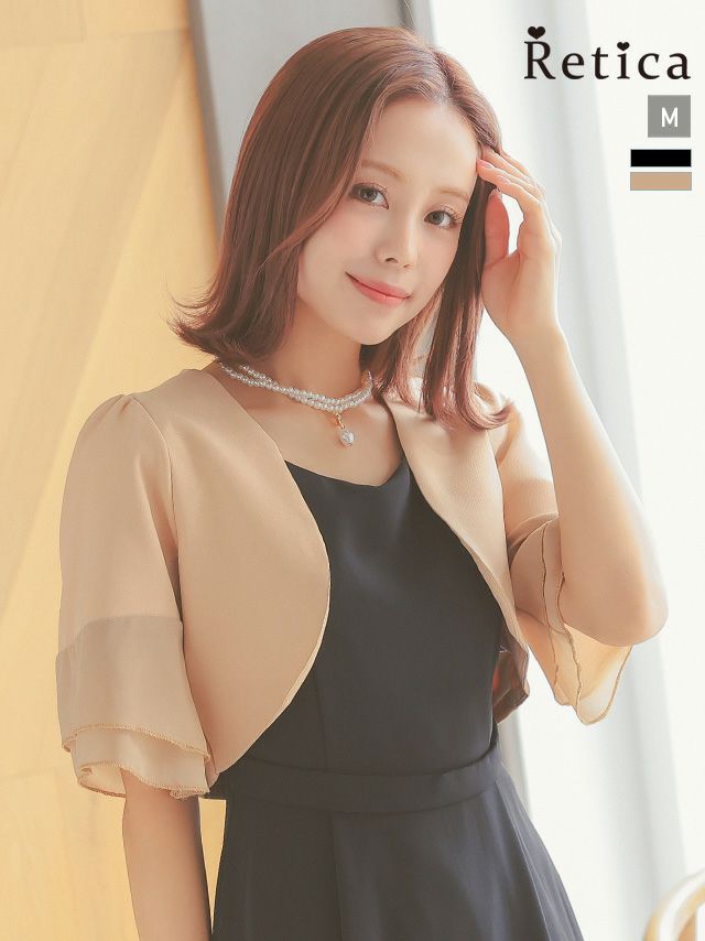 SALE] パフスリーブシフォン切替デザイン半袖ショート丈ボレロ (M